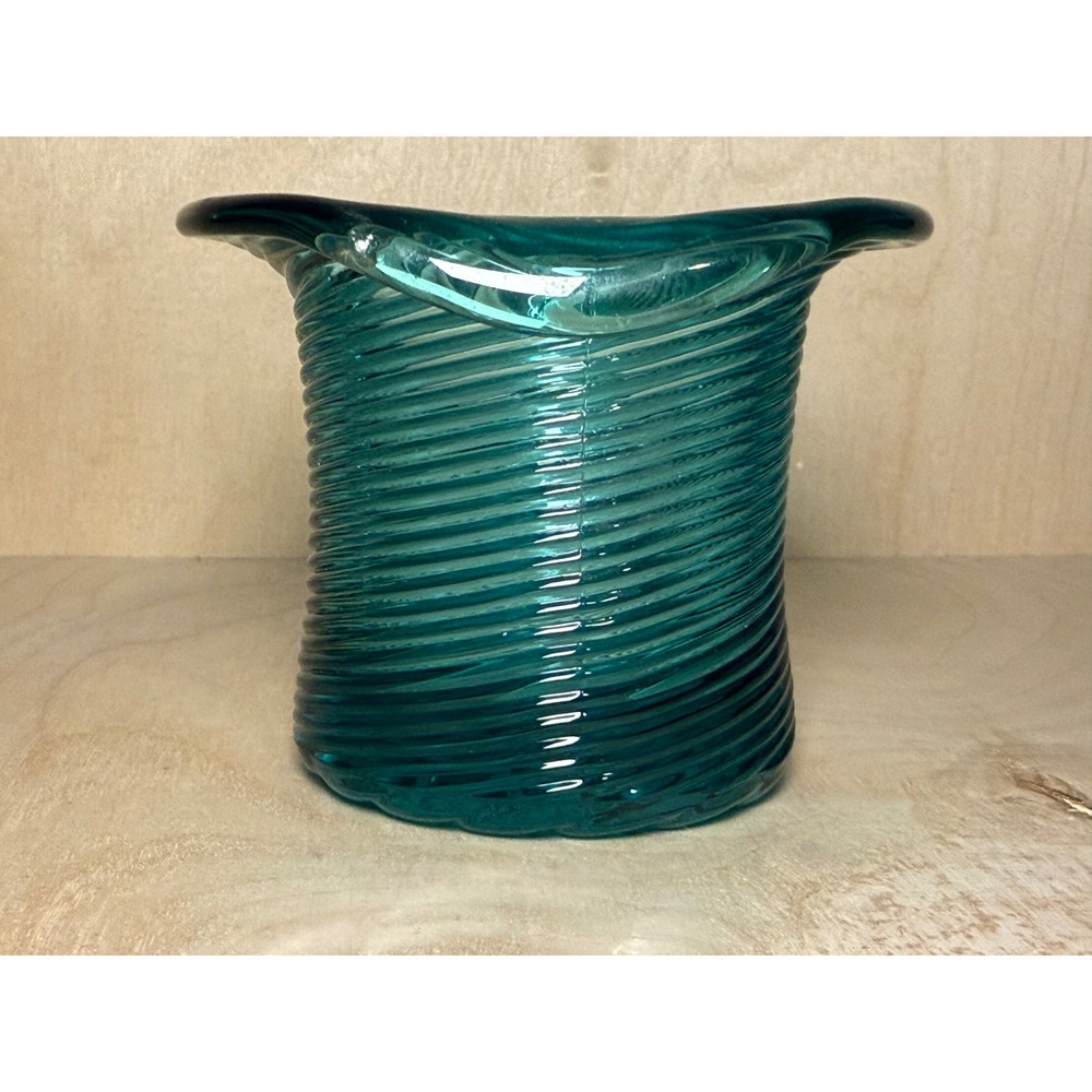 Avon Vintage Teal Blue Swirl Glass Votive Holder Flutter Top Ribbed Candle Cup